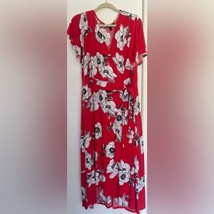 red floral wrap midi dress